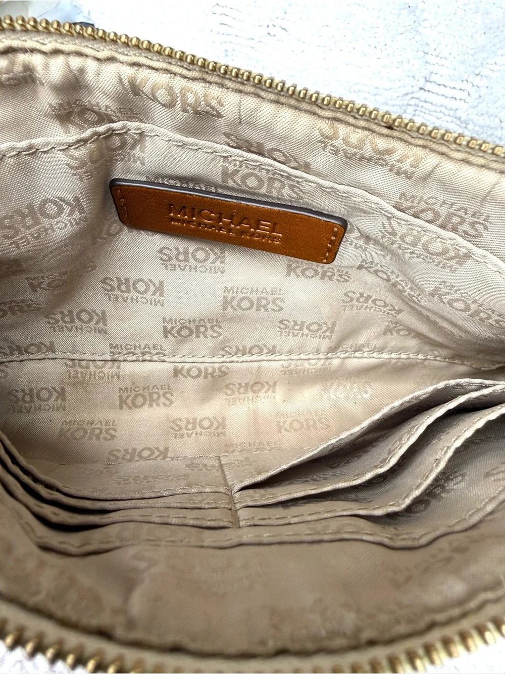 Michael Kors Vanilla MK Signature Wristlet Brown Trim Gold Logo Clutch